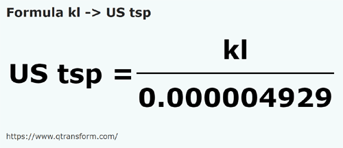 formula Kilolitry na Lyżeczka do herbaty amerykańska - kl na US tsp