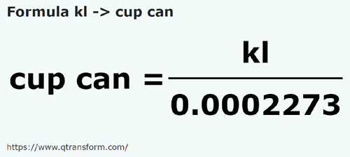 formule Kilolitres en Tasses canadiennes - kl en cup can