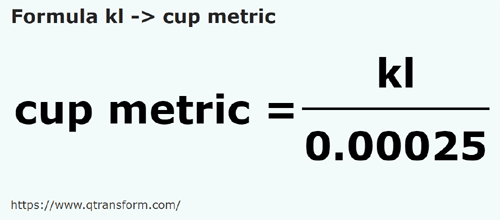 formula Quilolitros em Copos metricos - kl em cup metric