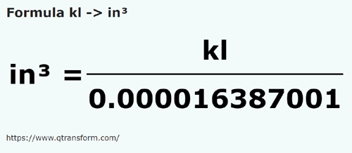 formula Quilolitros em Polegadas cúbica - kl em in³