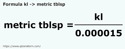 formula килолитру в Метрические столовые ложки - kl в metric tblsp
