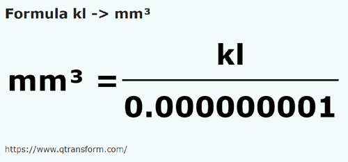 formulu Kilolitre ila Milimetreküp - kl ila mm³