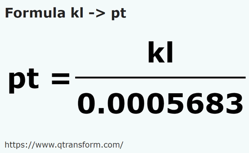 formula килолитру в Британская пинта - kl в pt