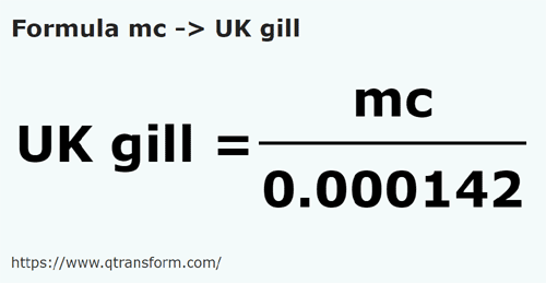 formule Kubieke meter naar Imperiale gills - mc naar UK gill