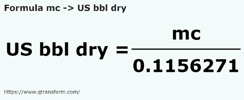 formula кубический метр в Баррели США (сыпучие тела) - mc в US bbl dry
