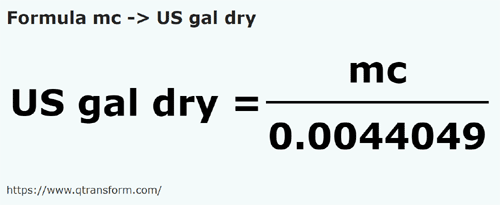 formula Metros cúbicos em Galãos secos - mc em US gal dry