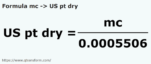 formula Metry sześcienne na Amerykańska pinta sypkich - mc na US pt dry