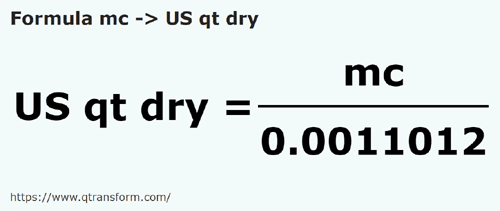formula Metros cúbicos a Cuartos estadounidense seco - mc a US qt dry