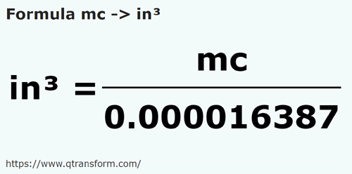 formula Metry sześcienne na Cal sześcienny - mc na in³