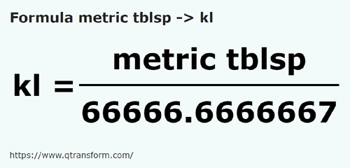 formula Cucharadas métricas a Kilolitros - metric tblsp a kl