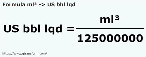 formula кубический миллилитр в Баррели США (жидкости) - ml³ в US bbl lqd