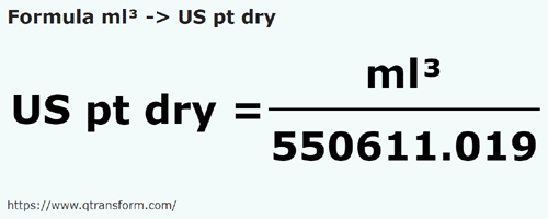 formula Mililiter padu kepada US pint (bahan kering) - ml³ kepada US pt dry