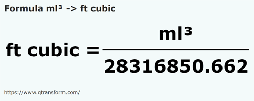 formula Mililiter padu kepada Kaki padu - ml³ kepada ft cubic