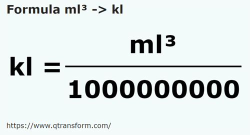 formula Mililitros cúbicos a Kilolitros - ml³ a kl