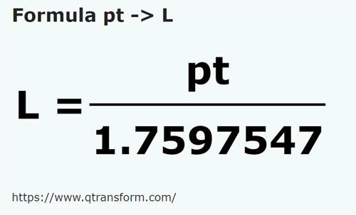 formula Pinta imperialna na Litry - pt na L
