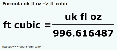 formula Onças líquida imperials em Pés cúbicos - uk fl oz em ft cubic