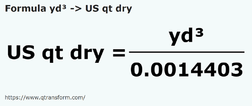 formula кубический ярд в Кварты США (сыпучие тела) - yd³ в US qt dry